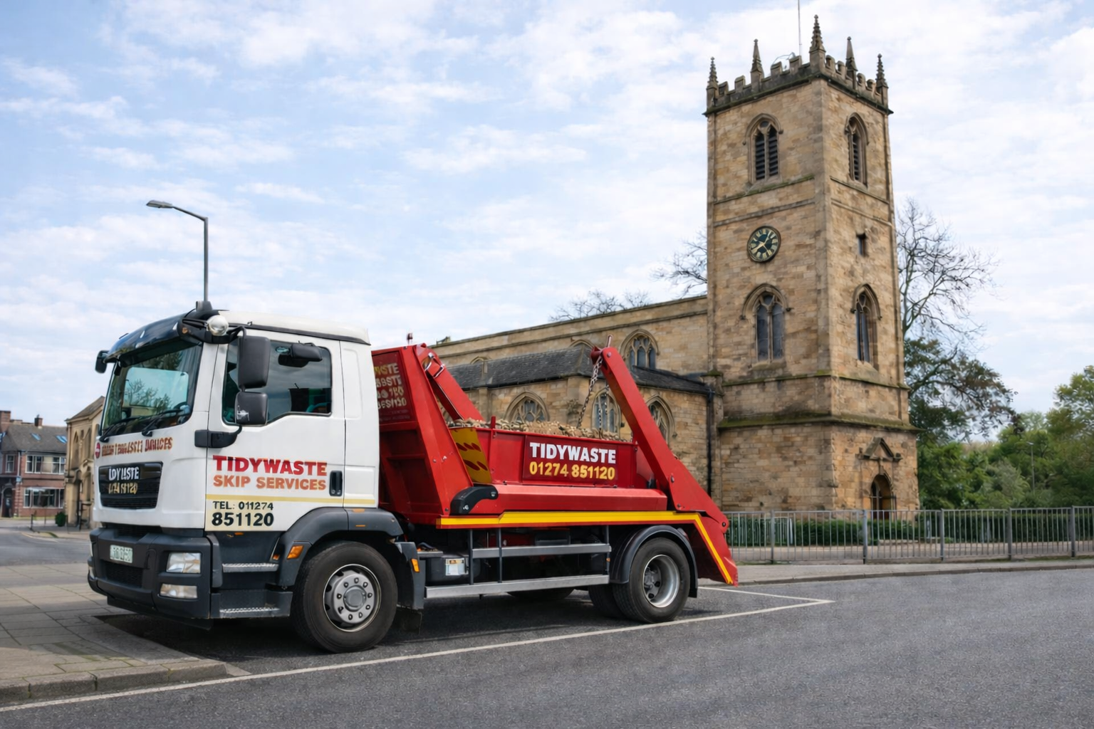 TidyWaste Skip Hire Vehicle next Dewsbury Minster