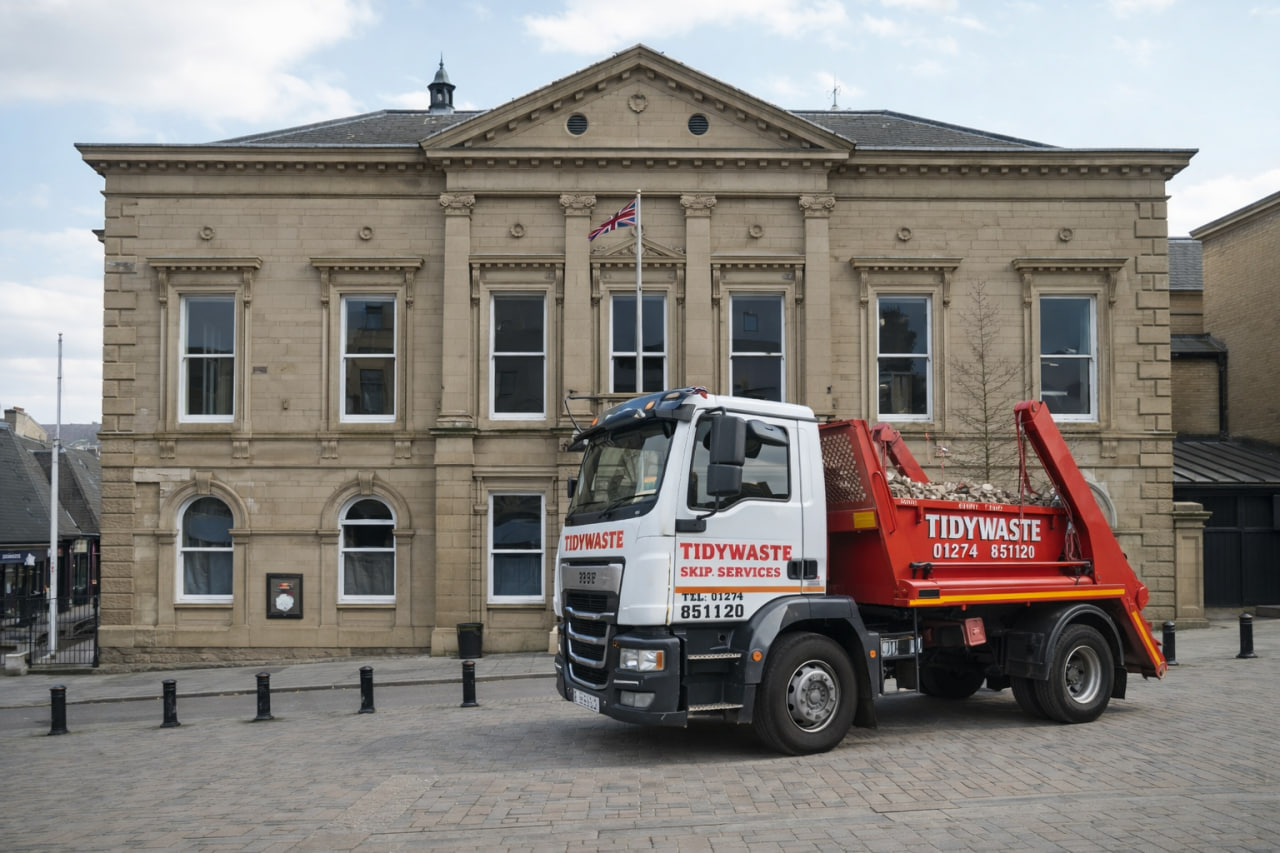TidyWaste Skip Hire Vehicle next to Batley Town Hall
