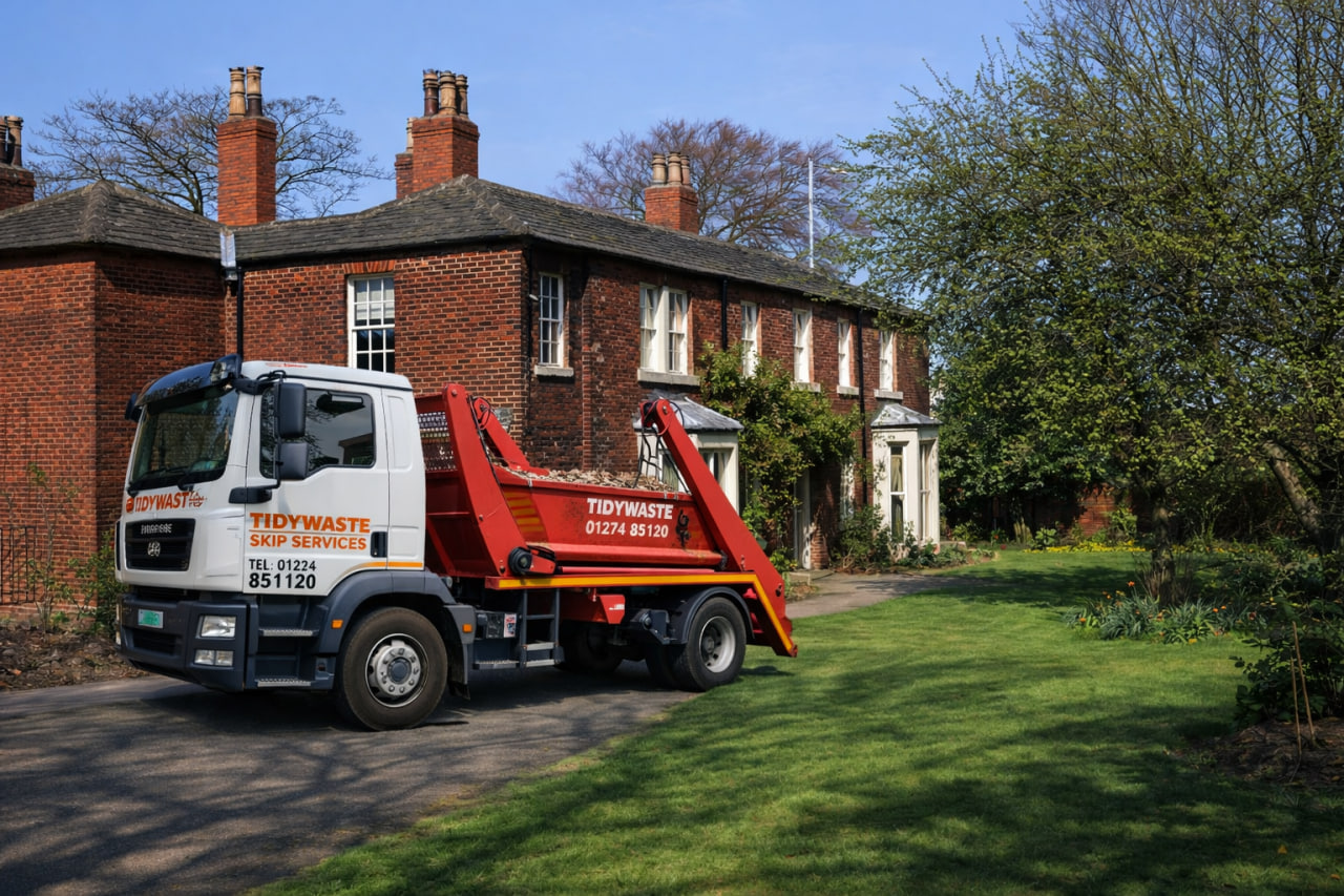 TidyWaste Skip Hire Vehicle next to Red House Museum in Gomersal