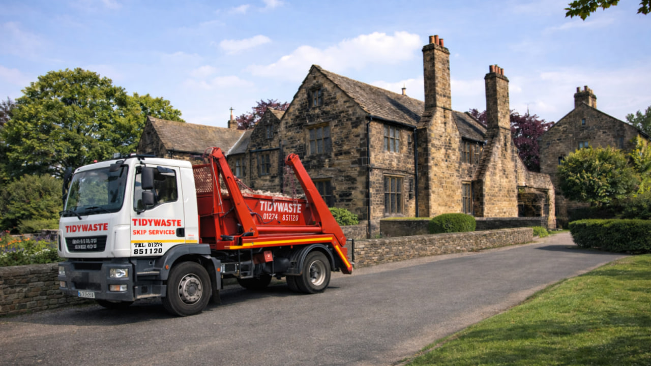 TidyWaste Skip Hire Vehicle next to The Oakwell Hall, Birstall